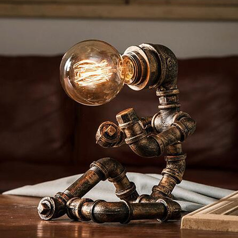 Industrial Pipe Man Night Lamp 1 Head Wrought Iron Table Light in Brass for Boys Room