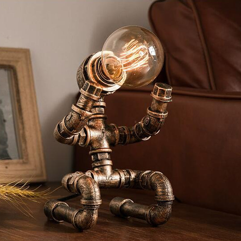 Industrial Pipe Man Night Lamp 1 Head Wrought Iron Table Light in Brass for Boys Room