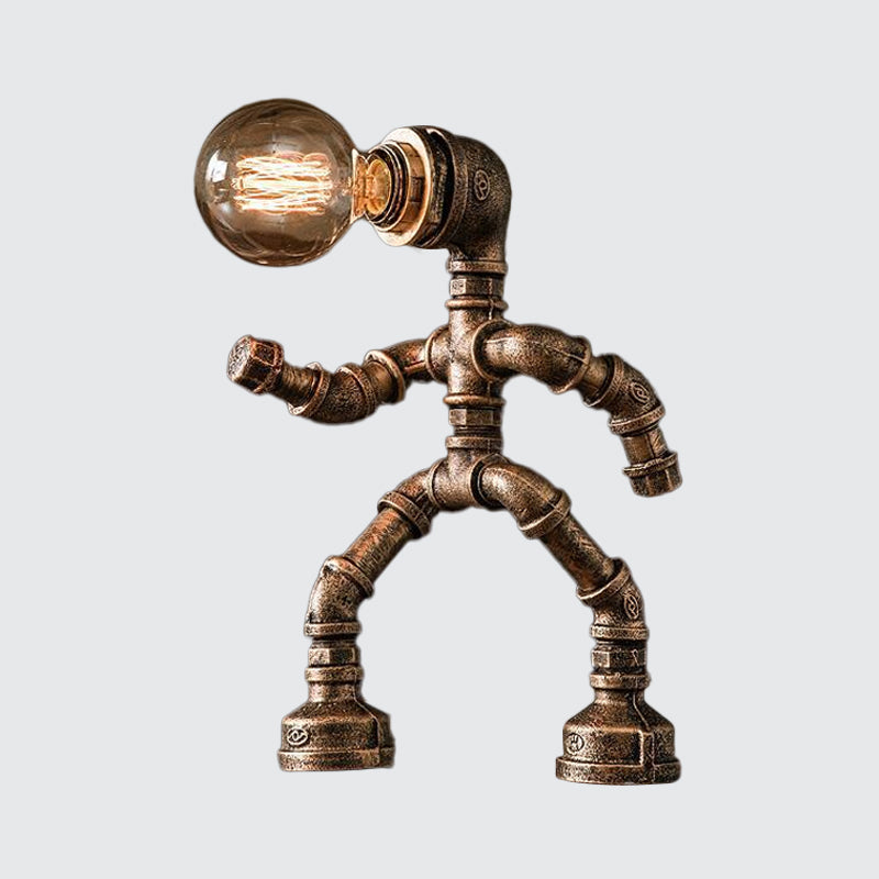 Industrial Pipe Man Night Lamp 1 Head Wrought Iron Table Light in Brass for Boys Room
