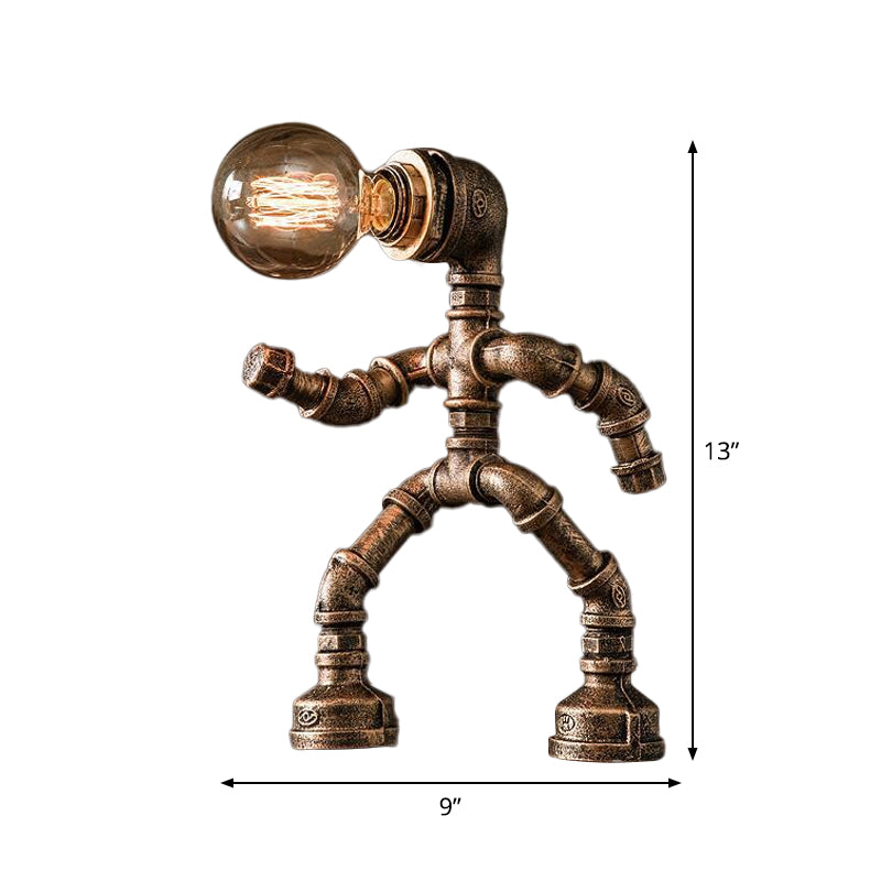 Industrial Pipe Man Night Lamp 1 Head Wrought Iron Table Light in Brass for Boys Room