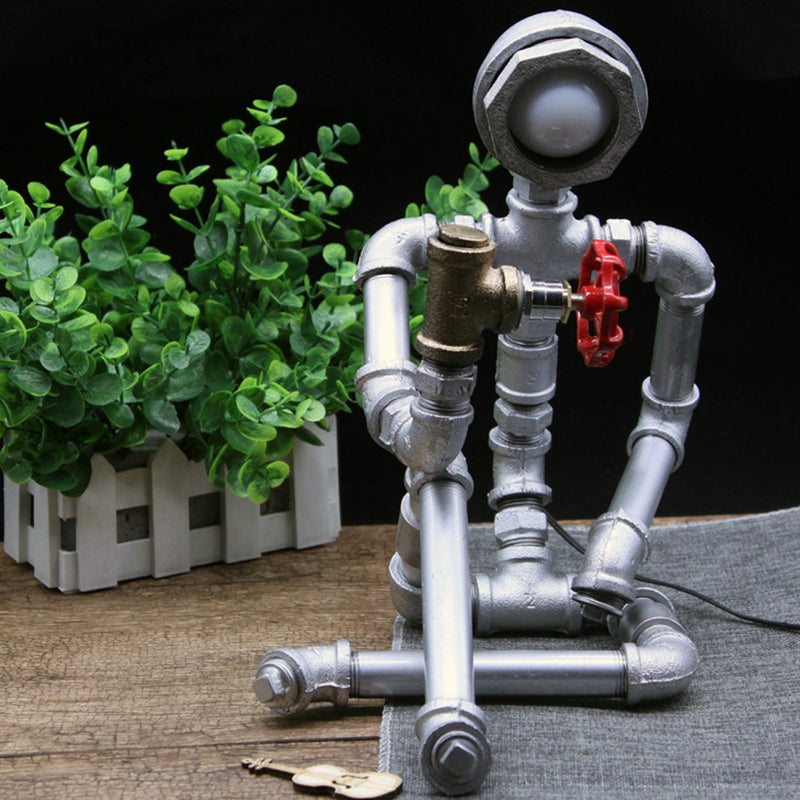 1 Bulb Nightstand Light Industrial Iron Pipe Man Table Lamp in Silver/Bronze with Red Valve Rotating Switch