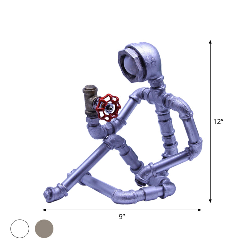 1 Bulb Nightstand Light Industrial Iron Pipe Man Table Lamp in Silver/Bronze with Red Valve Rotating Switch