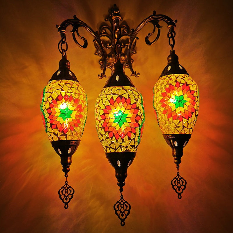 Traditional Oval Wall Mounted Lamp 3 Heads Stained Art Glass Sconce Light in White/Red/Light Blue