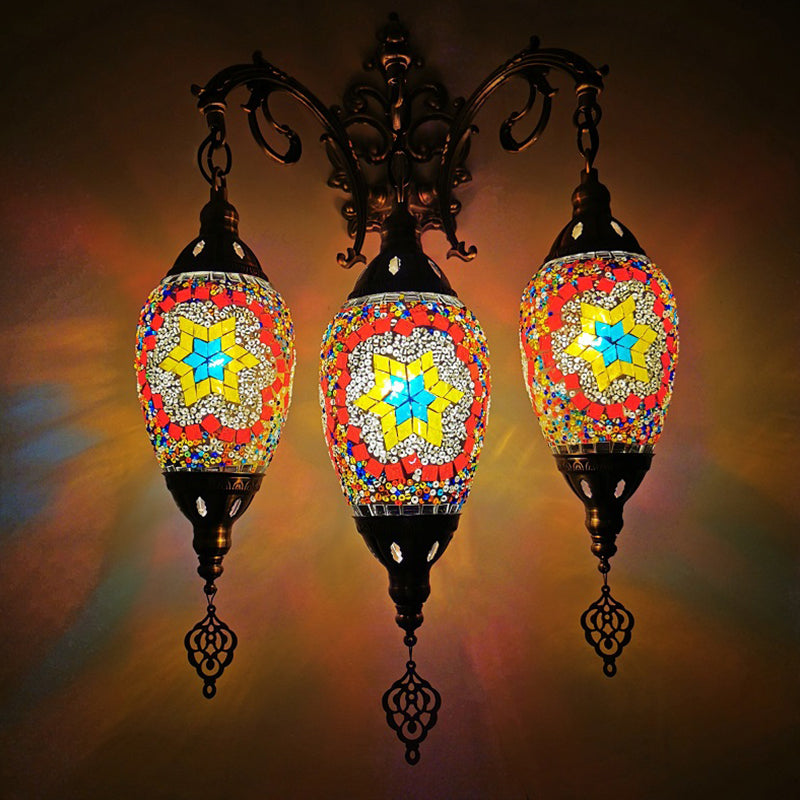 Traditional Oval Wall Mounted Lamp 3 Heads Stained Art Glass Sconce Light in White/Red/Light Blue