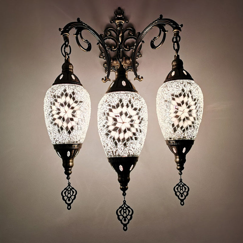 Traditional Oval Wall Mounted Lamp 3 Heads Stained Art Glass Sconce Light in White/Red/Light Blue