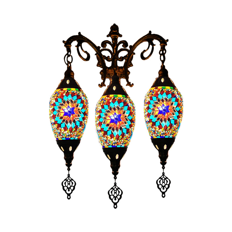 Traditional Oval Wall Mounted Lamp 3 Heads Stained Art Glass Sconce Light in White/Red/Light Blue