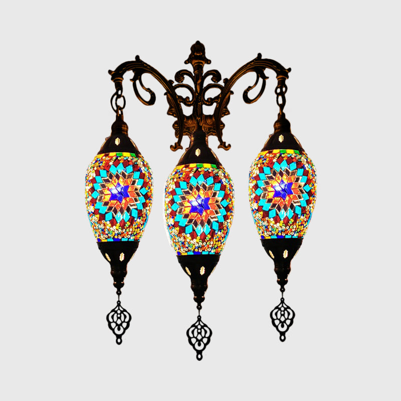 Traditional Oval Wall Mounted Lamp 3 Heads Stained Art Glass Sconce Light in White/Red/Light Blue