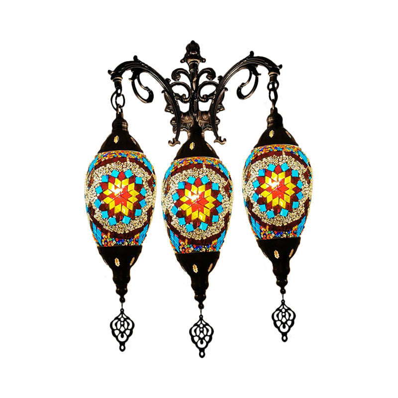 Traditional Oval Wall Mounted Lamp 3 Heads Stained Art Glass Sconce Light in White/Red/Light Blue