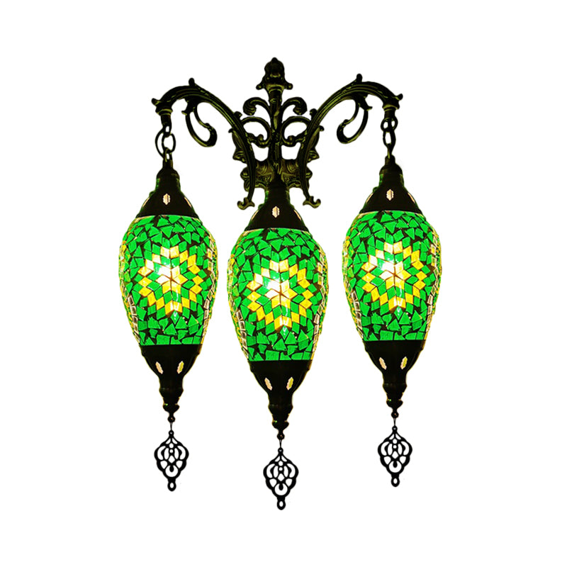 Traditional Oval Wall Mounted Lamp 3 Heads Stained Art Glass Sconce Light in White/Red/Light Blue