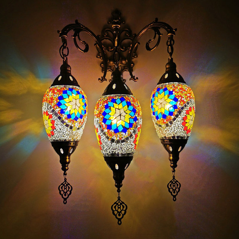 Traditional Oval Wall Mounted Lamp 3 Heads Stained Art Glass Sconce Light in White/Red/Light Blue