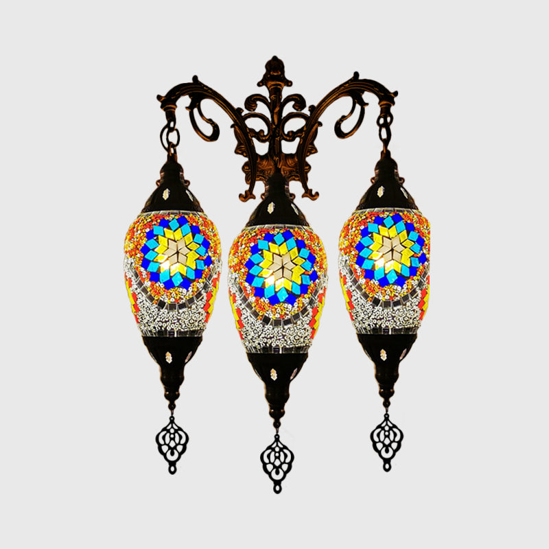 Traditional Oval Wall Mounted Lamp 3 Heads Stained Art Glass Sconce Light in White/Red/Light Blue