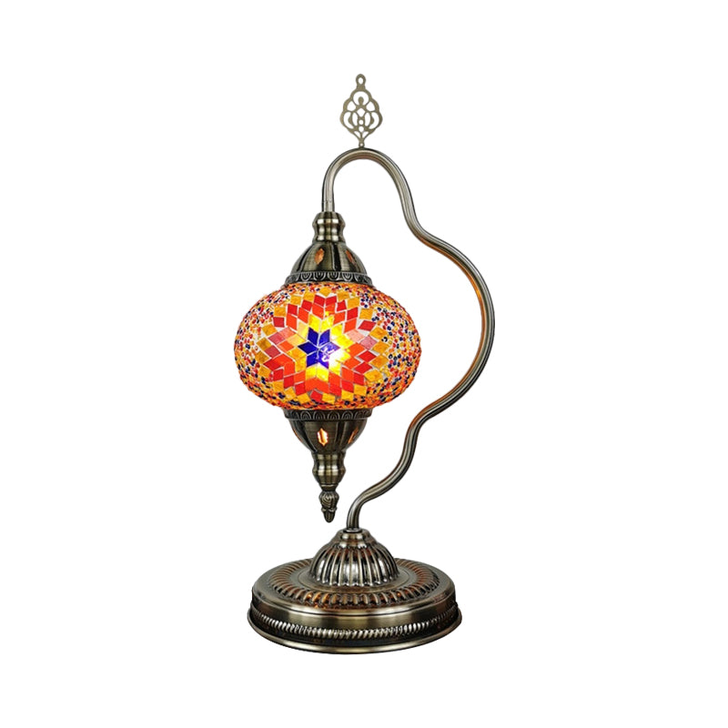 Stained Art Glass Globe Table Lamp Art Deco 1 Head Restaurant Night Light with Curvy Arm in White/Red/Yellow