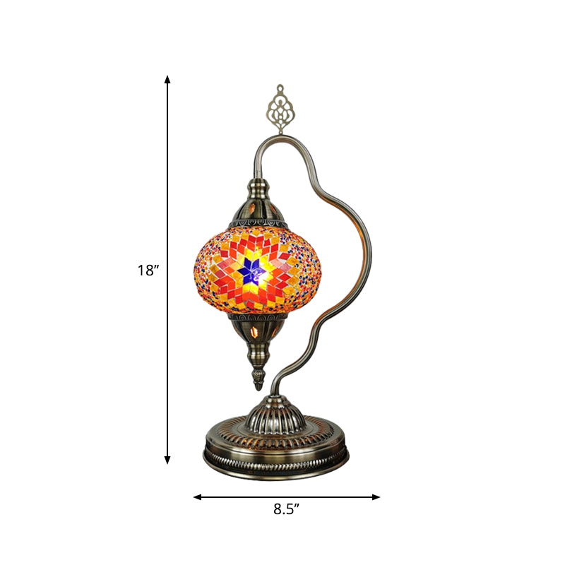 Stained Art Glass Globe Table Lamp Art Deco 1 Head Restaurant Night Light with Curvy Arm in White/Red/Yellow