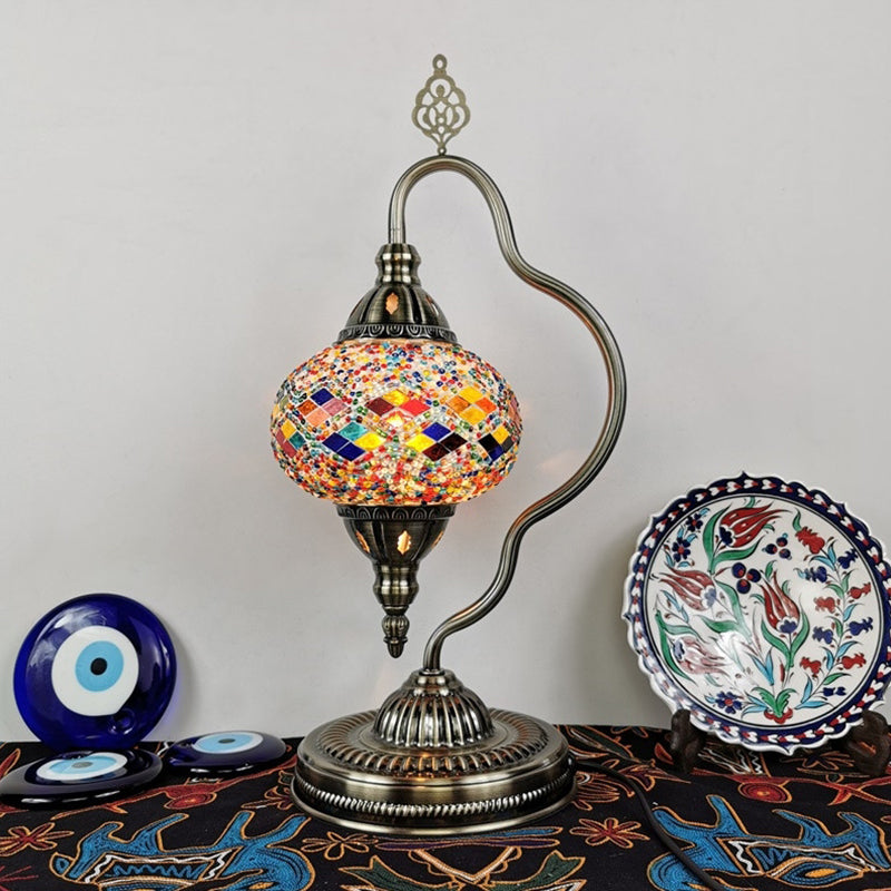 Stained Art Glass Globe Table Lamp Art Deco 1 Head Restaurant Night Light with Curvy Arm in White/Red/Yellow