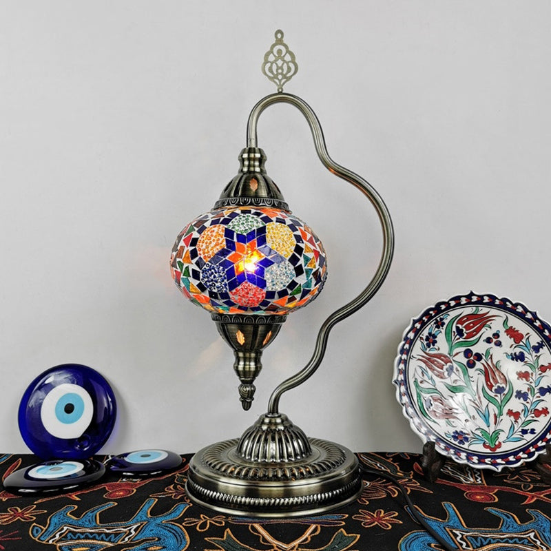 Stained Art Glass Globe Table Lamp Art Deco 1 Head Restaurant Night Light with Curvy Arm in White/Red/Yellow