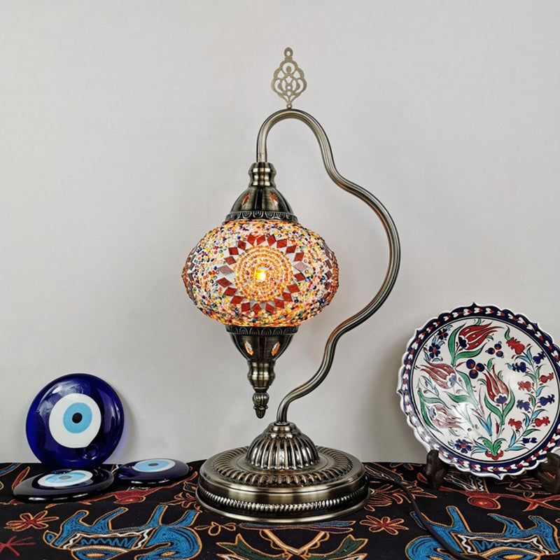 Stained Art Glass Globe Table Lamp Art Deco 1 Head Restaurant Night Light with Curvy Arm in White/Red/Yellow