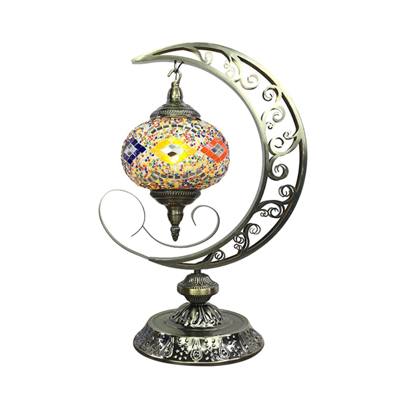 Global Bedroom Nightstand Lamp Decorative Stained Glass 1 Light White/Red/Pink Desk Light with Moon Design
