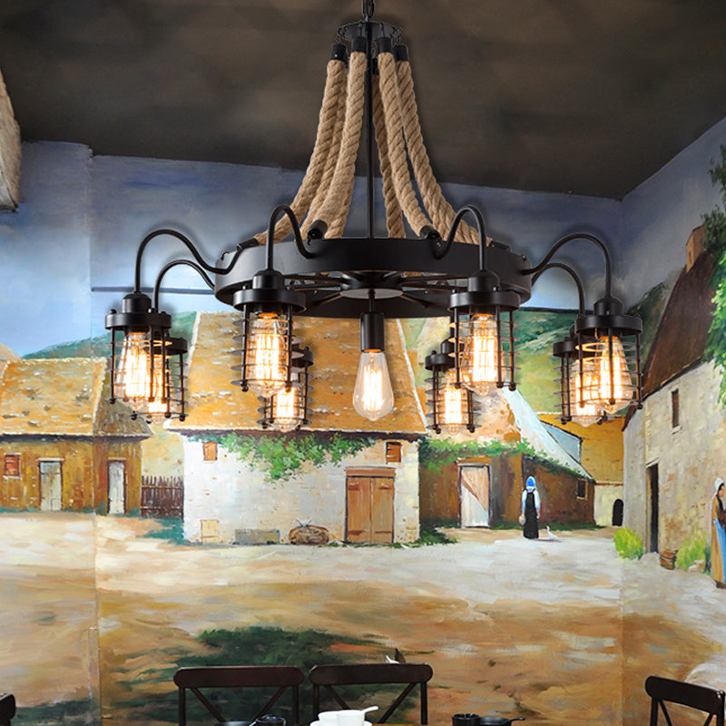 7/9 Heads Metal Ceiling Chandelier Vintage Black Cylinder Cage Rope Suspension Lamp with Wagon Wheel