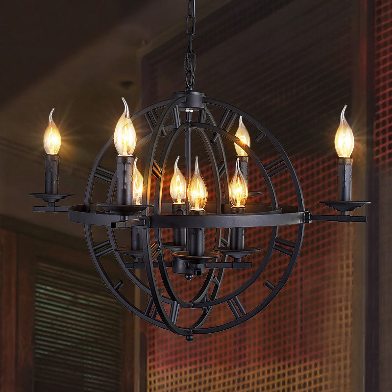 Éclairage de lustre de la cage du globe industriel Aménagement de plafond en fer 6-Bulb en bronze / noir avec conception de bougies