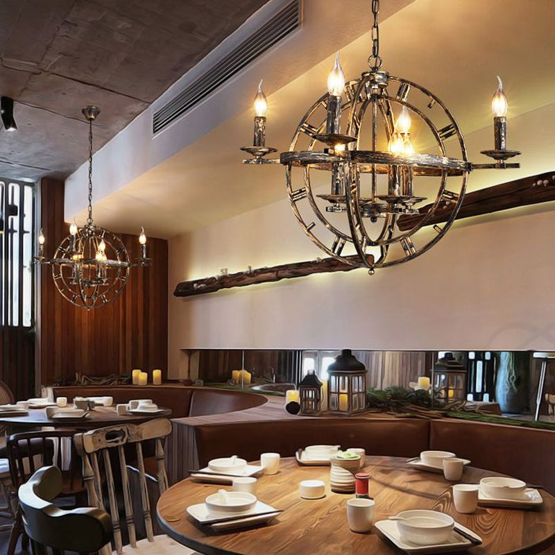 Éclairage de lustre de la cage du globe industriel Aménagement de plafond en fer 6-Bulb en bronze / noir avec conception de bougies