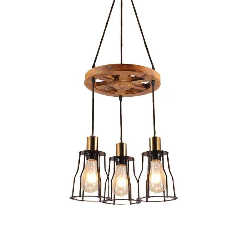 3/6-Light Metal Hanging Chandelier Factory Gold Open Cage Dining Room Pendant Light Fixture with Wood Wheel Shelf Deco