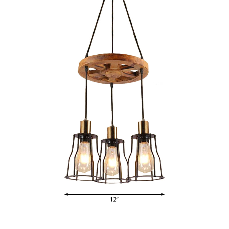 3/6-Light Metal Hanging Chandelier Factory Gold Open Cage Dining Room Pendant Light Fixture with Wood Wheel Shelf Deco