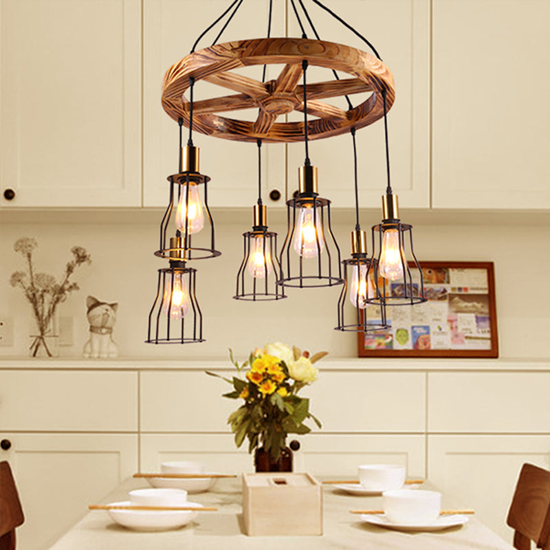 3/6-Light Metal Hanging Chandelier Factory Gold Open Cage Dining Room Pendant Light Fixture with Wood Wheel Shelf Deco