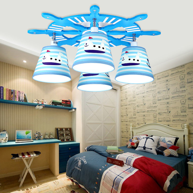 Nautical Style Steamship Semi Flush Ceiling Light Wood 4 Lights Blue Ceiling Lamp for Foyer