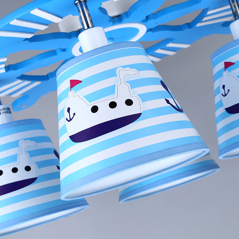 Estilo náutico Steamship Semi Vaciado Techo de Luz de Madera 4 Luces Luz de techo azul para Foyer