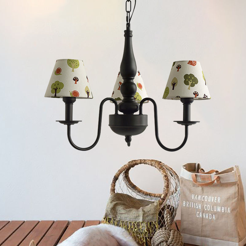 Three Lights Bucket Shade Chandelier Kids Metal Hanging Light for in Black for Kindergarten