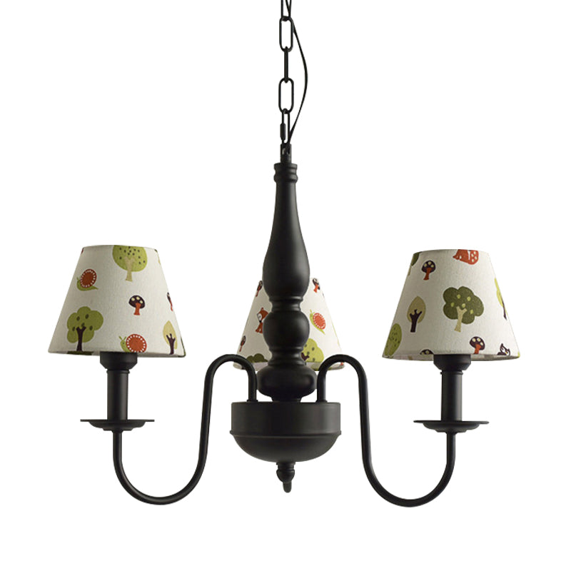 Three Lights Bucket Shade Chandelier Kids Metal Hanging Light for in Black for Kindergarten