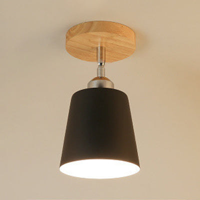 1 Bulb Close to Ceiling Light Nordic Tapered Shade Metal Semi-Flush Mount Light with Wooden Canopy in Black/White