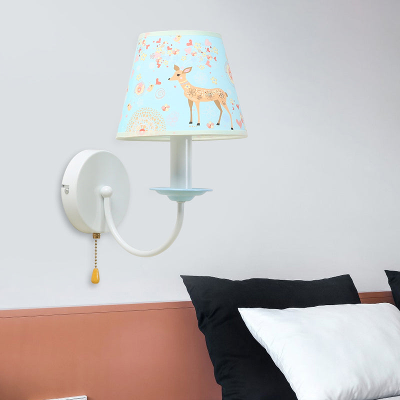 Animal Sika Deer Wall Light with Pull Chain Fabric 1 Light Blue Wall Sconce for Girls Bedroom