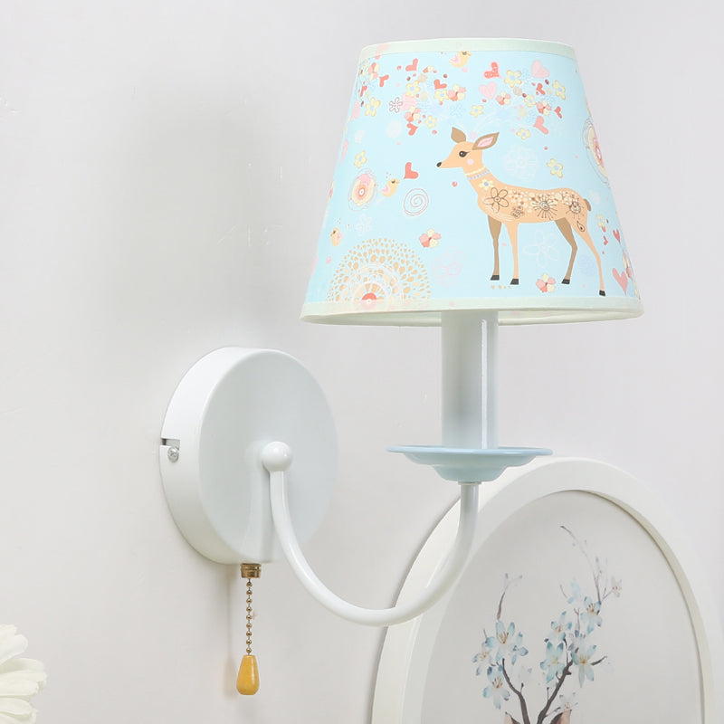 Animal Sika Deer Wall Light with Pull Chain Fabric 1 Light Blue Wall Sconce for Girls Bedroom
