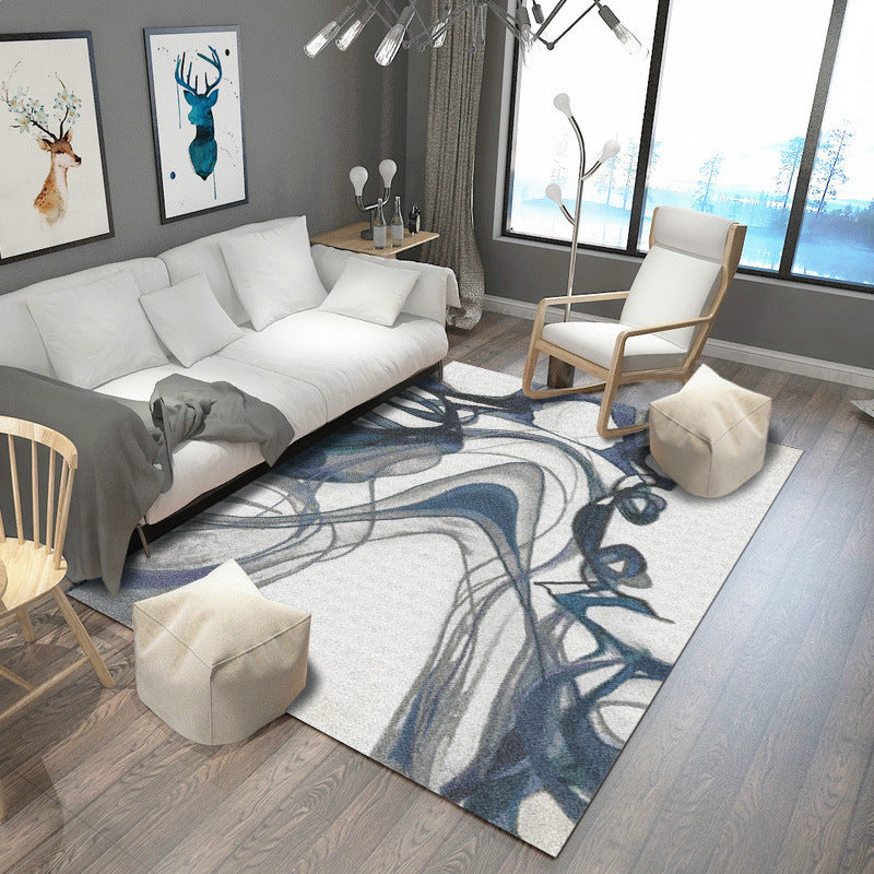 Modern Abstract Pattern Rug White and Blue Polyester Rug Washable Non-Slip Backing Area Rug for Bedroom
