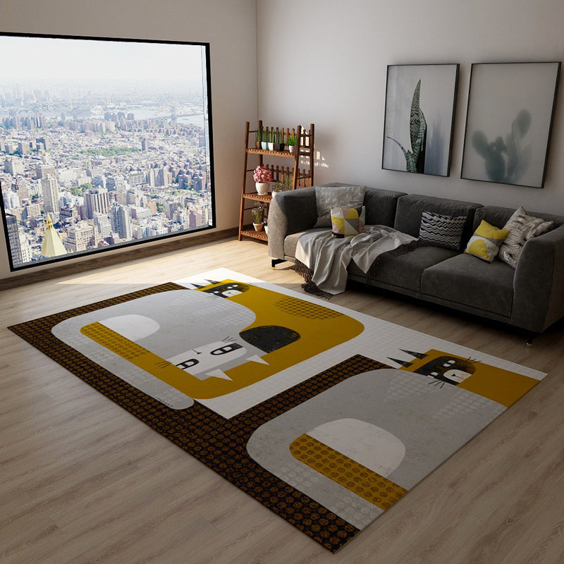 Yellow Machine Washable Area Rug with Cat Pattern Modernist Polyester Parlor Area Rug