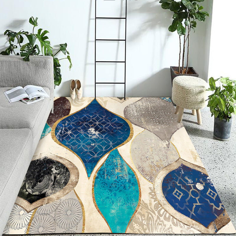 Blue Polyester Area Rug Machine Washable Modern Style Living Room Rugs with Abstract Pattern
