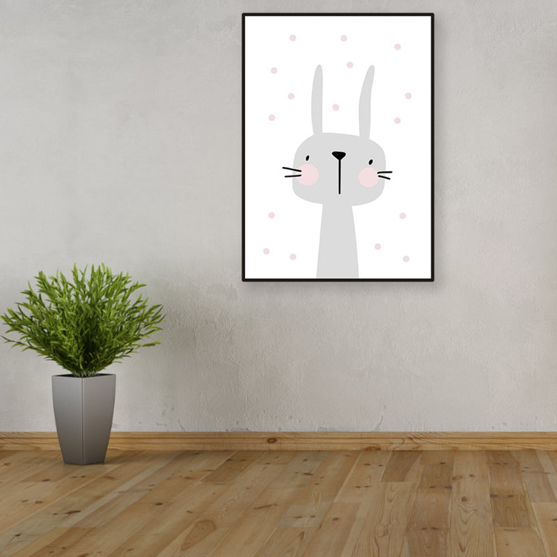Cartoon Rabbit Painting Gray Children's Art Style Wrapped Canvas for Family Room