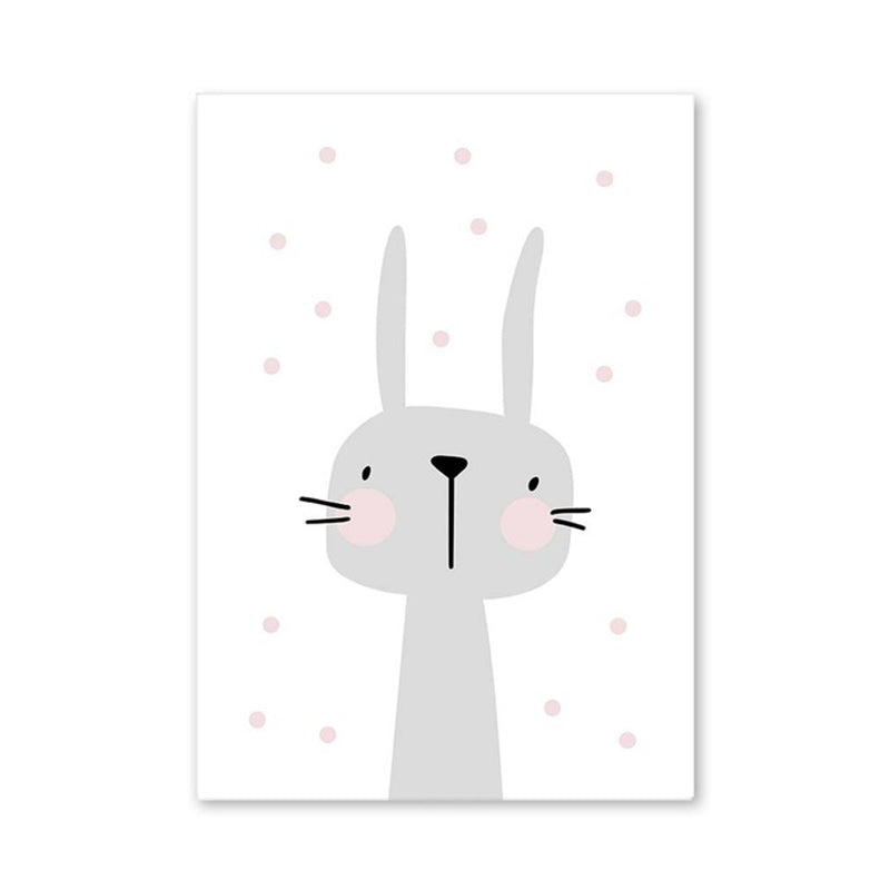 Cartoon Rabbit Painting Gray Children's Art Style Wrapped Canvas for Family Room