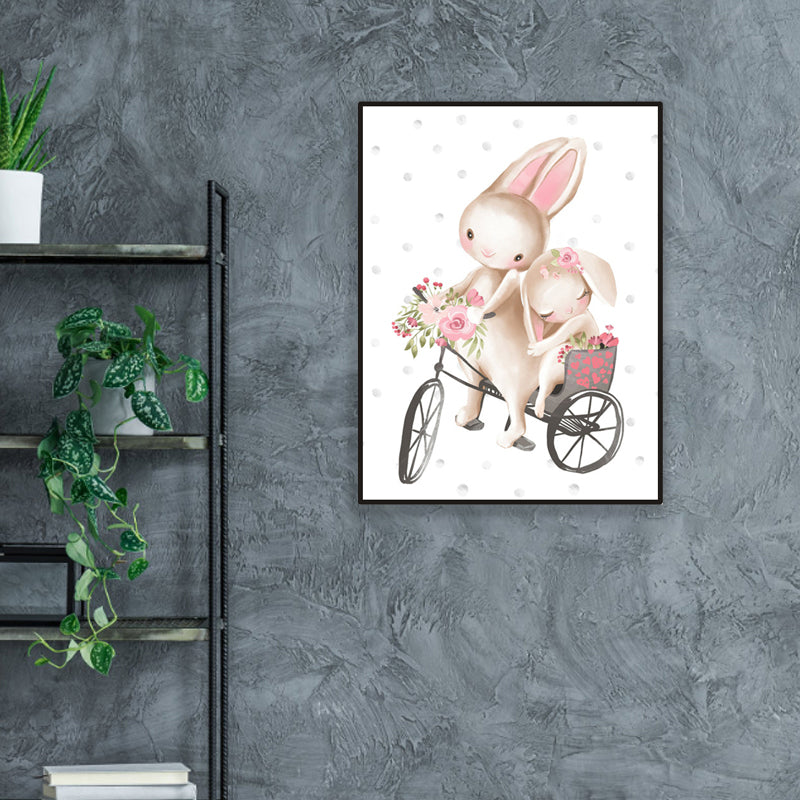 Personified Bunny Canvas Children's Art Animal Painting in Light Color for Bedroom