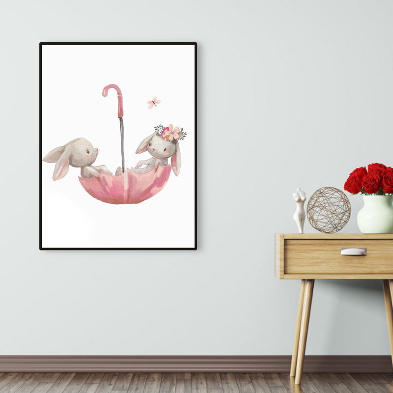 Personified Bunny Canvas Children's Art Animal Painting in Light Color for Bedroom