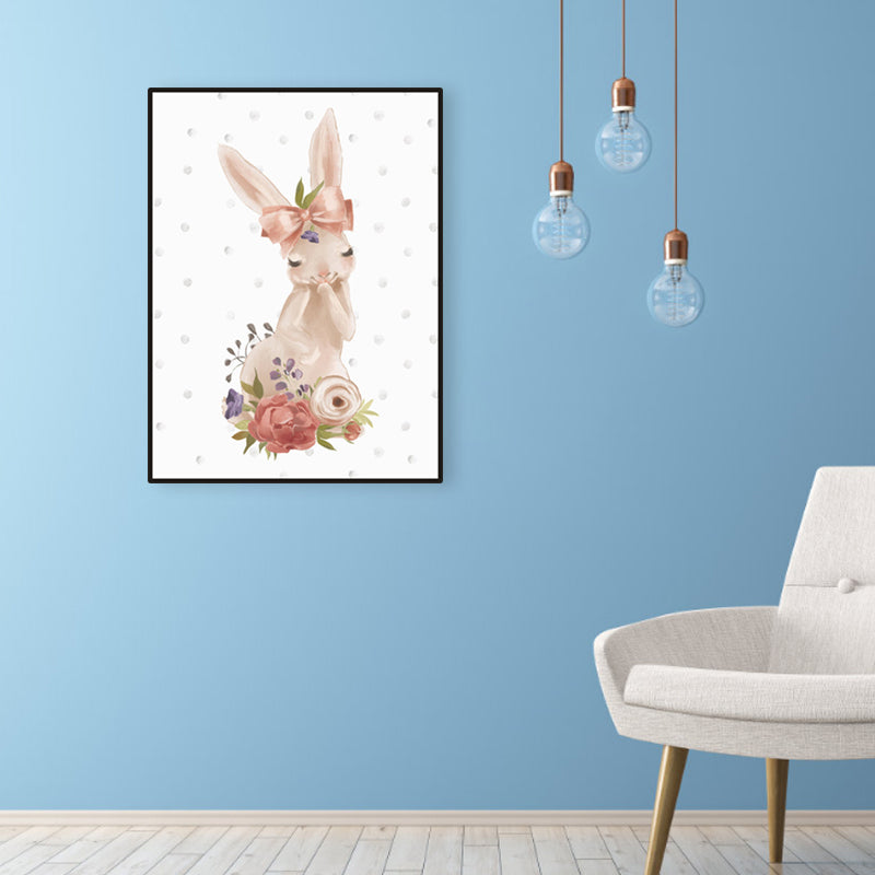 Personified Bunny Canvas Children's Art Animal Painting in Light Color for Bedroom