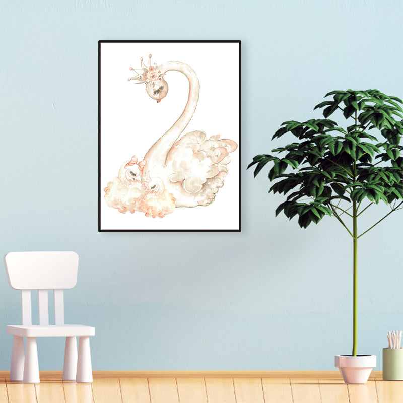 Swan with Crown Print Painting Kids Style Animal Textured Canvas Wall Decor for Room