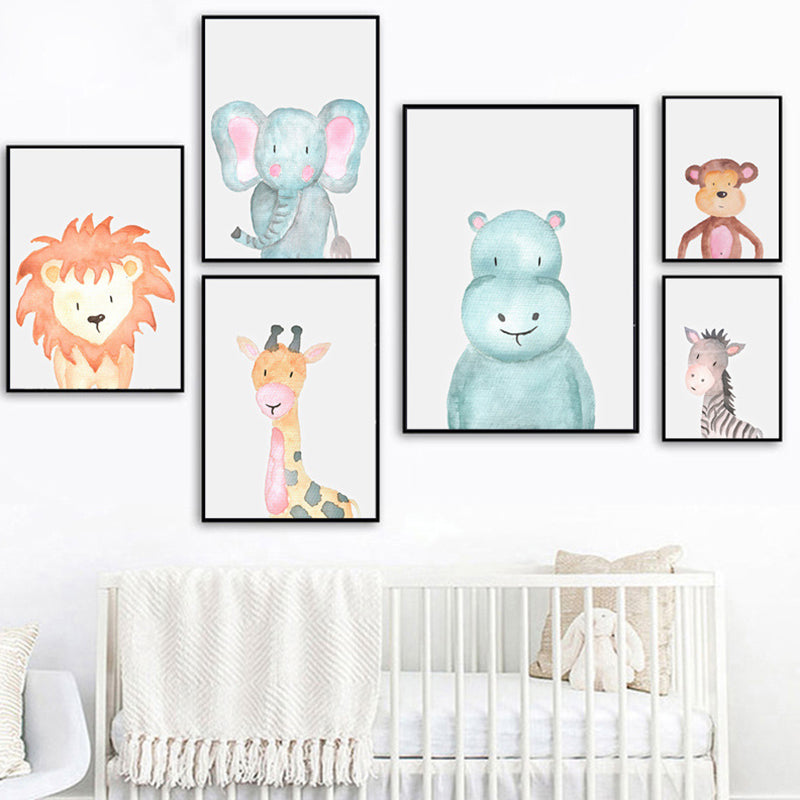 Tropical Animal Wrapped Canvas Textured Kids Style Bedroom Painting in Light Color