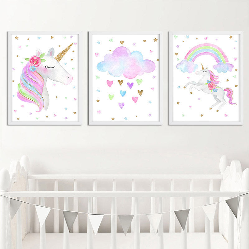 Fantasie-Einhorn-Wanddekoration, Kinder-Kunst-Tier-Leinwand in sanften Farben für den Ruheraum