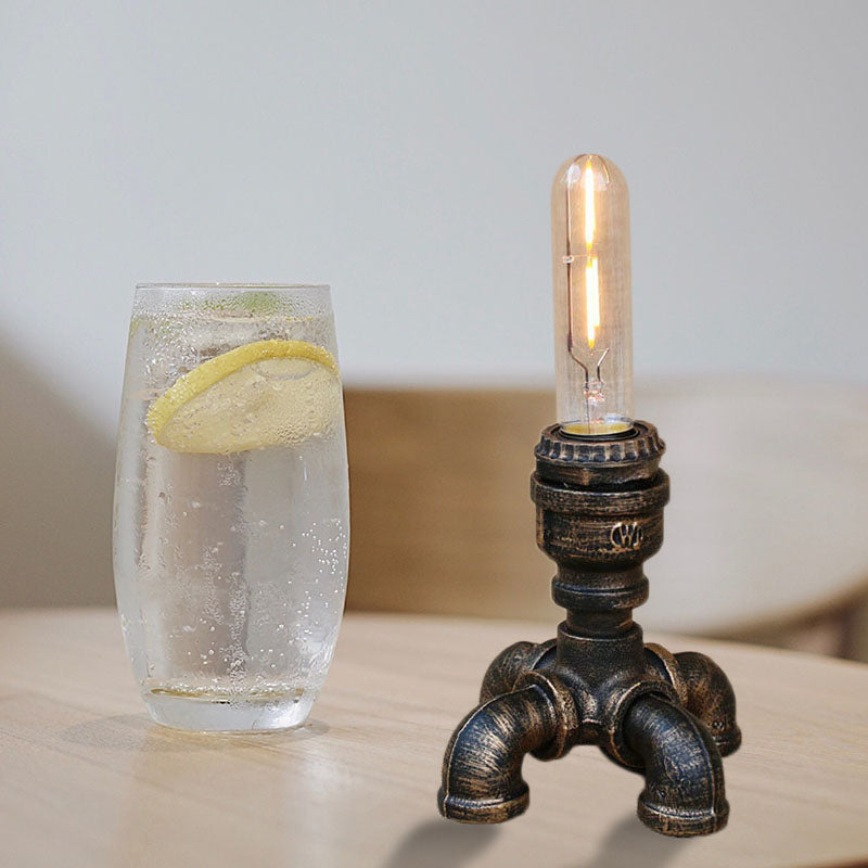 Steampunk Piped Table Lamp with Open Bulb Design 1 Head Metal Standing Table Light in Antique Bronze