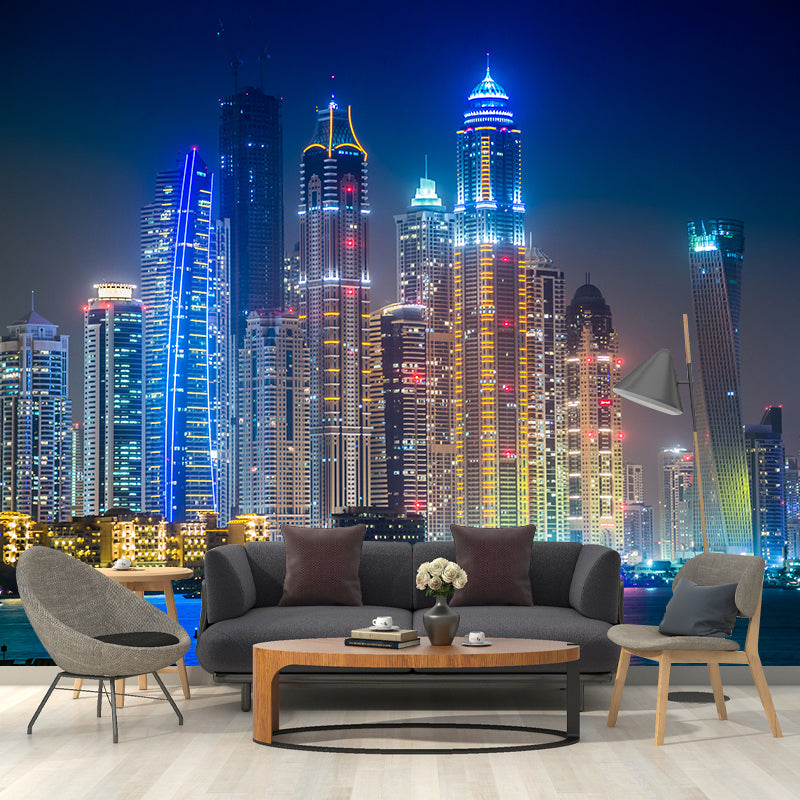 World Landmark Night Scene Mural Global Inspired Non-Woven Wall Decor for House Interior