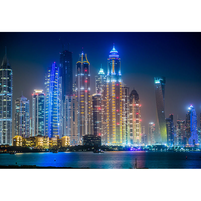 World Landmark Night Scene Mural Global Inspired Non-Woven Wall Decor for House Interior