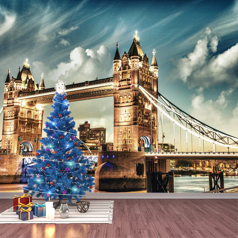 Custom Photographic Modern Mural with Aerial View of Night City in Dark Color for Bedroom