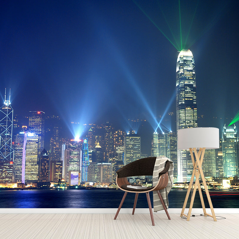 Custom Photographic Modern Mural with Aerial View of Night City in Dark Color for Bedroom